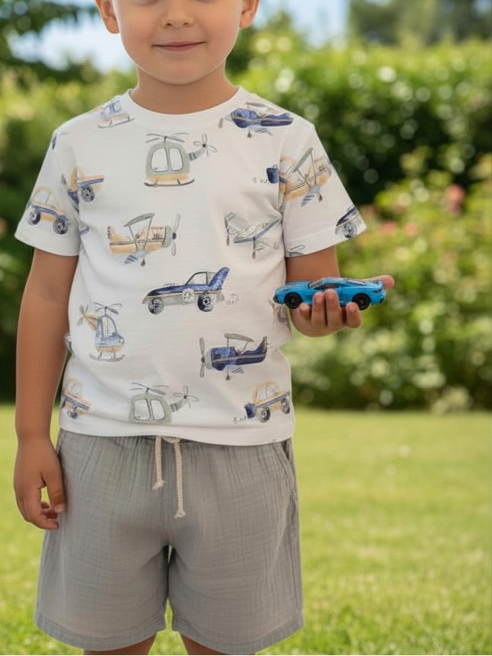 ( SET) NEXT Tee with Blue Airplane Sketches and Muslin Shorts Size 5